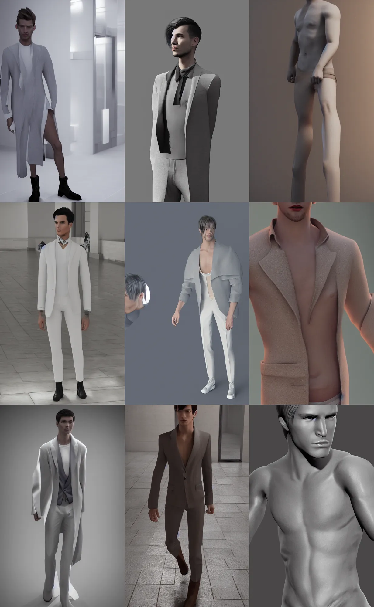 Prompt: male fashion model wearing clotes designed by chisato tsumori, catwalk, soft ambient lighting, photorealism, unreal engine