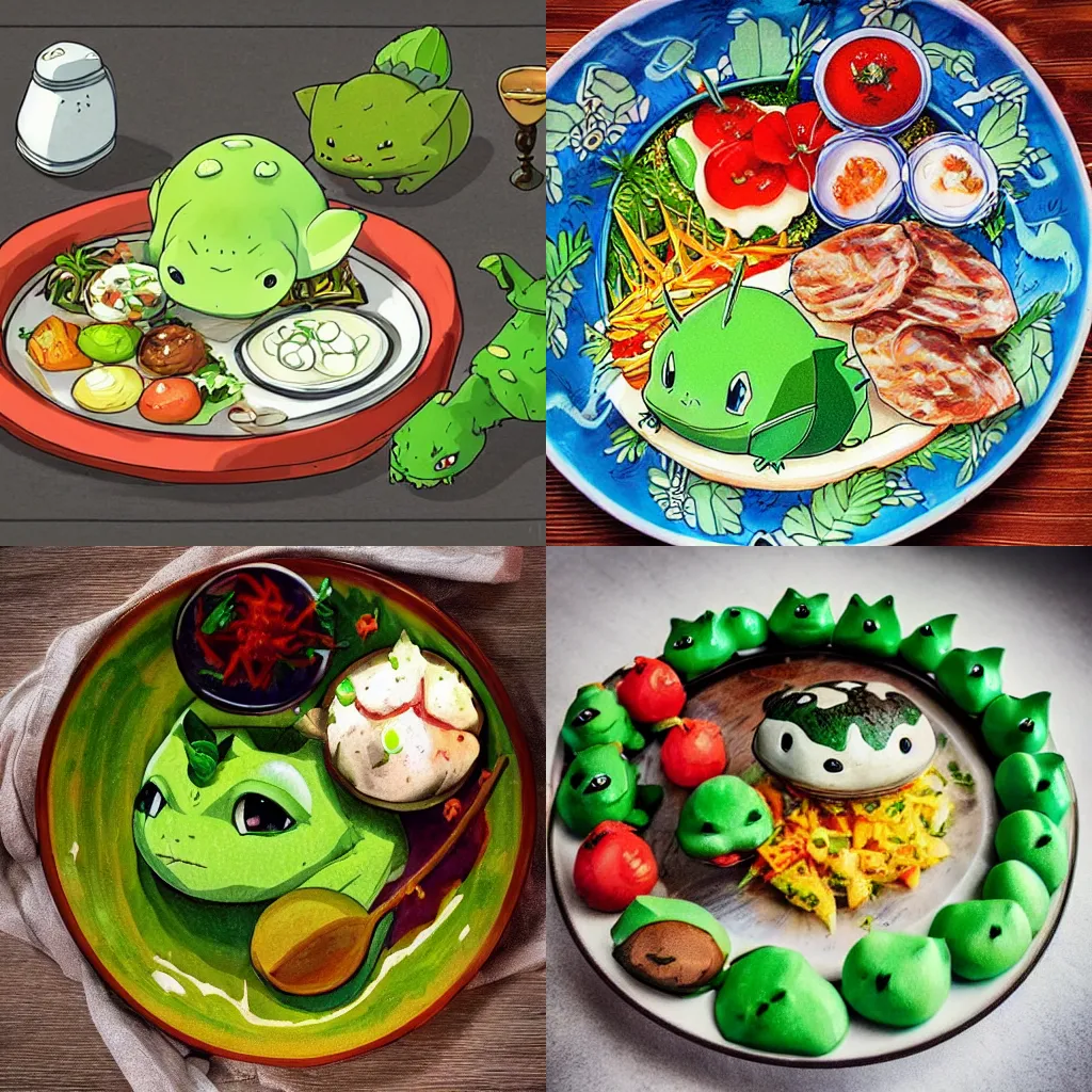 Prompt: a shot of a beautiful delicious plate of food, of a artisan meal made of bulbasaur amazing food illustration, chef table, in style of studio ghibli, miyazaki, anime