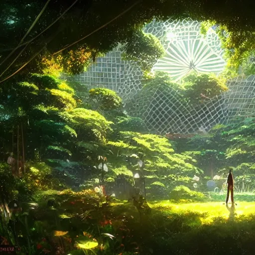 Image similar to geodesic dome with gardens and waterfall, gapmoe kuudere moody lighting stunning bokeh highlights sharp contrast | trending pixiv fanbox | by greg rutkowski makoto shinkai takashi takeuchi studio ghibli