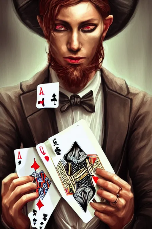 Image similar to modern street magician holding playing cards, realistic, modern, magicians eyes are covered with cloth, intricate, elegant, highly detailed, digital painting, artstation, concept art, addiction, chains, smooth, sharp focus, illustration, art by ilja repin