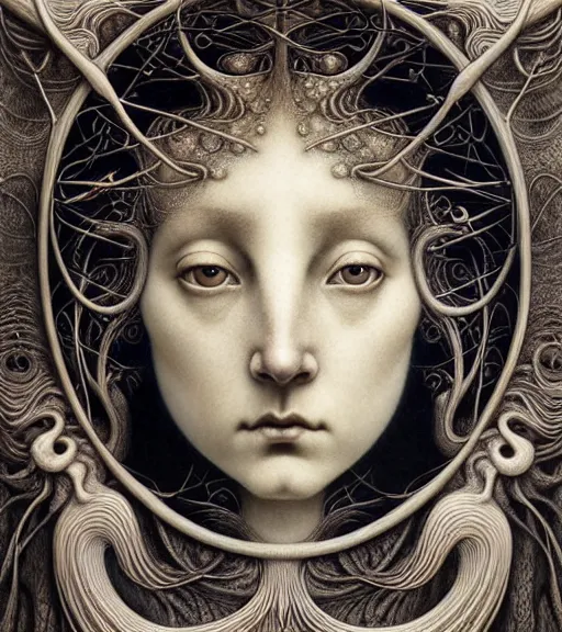 Prompt: detailed realistic porcelain beautiful moon goddess face portrait by jean delville, gustave dore, iris van herpen and marco mazzoni, art forms of nature by ernst haeckel, art nouveau, symbolist, visionary, gothic, neo - gothic, pre - raphaelite, fractal lace, intricate alien botanicals, ai biodiversity, surreality, hyperdetailed ultrasharp octane render