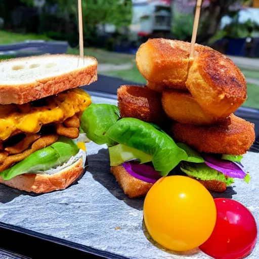 Image similar to sandwich with fried tofu, also one tomato slice, two onion rings, avocado and cheddar, over a dish and over a table, outside with a sunsed and rainbow in the background with saturn and stars in the sky, amazing light