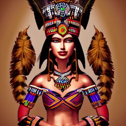 Prompt: character design, aztec warrior goddess with beautiful woman face, crown of very long feathers, full body, glowing aztec tattoos, beautiful,