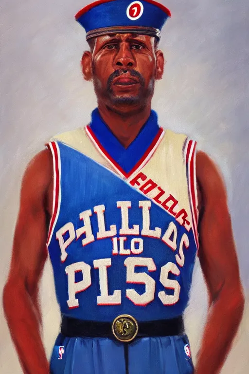 Image similar to full body portrait of the dictator of the philadelphia 7 6 ers, 1 9 5 5, in full military garb, oil on canvas by william sidney mount, trending on artstation