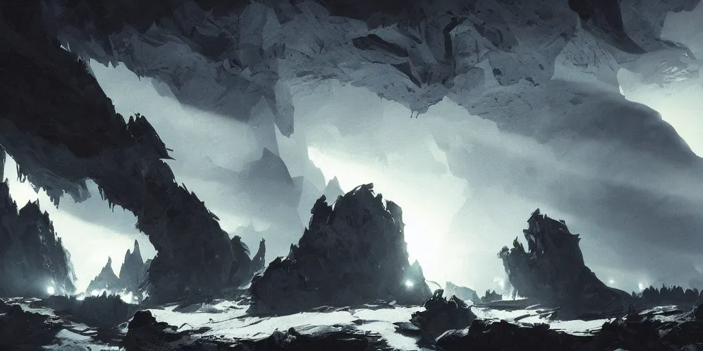 Prompt: epic dark cave matte painting by anato finnstark by peder balke by peder balke by chip zdarsky, rocks and stone dark mystic. ray of light artstation brushed illustrated print epic - agony desperate metal kvlt nordic noir cave dark widescreen format videogame title