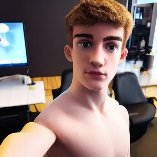 Image similar to “a realistic detailed photo of a guy who is an attractive humanoid who is half robot and half humanoid, who is a male android, twitch streamer Ninja Tyler Blevins, shiny skin, posing like a statue, blank stare, gaming room”