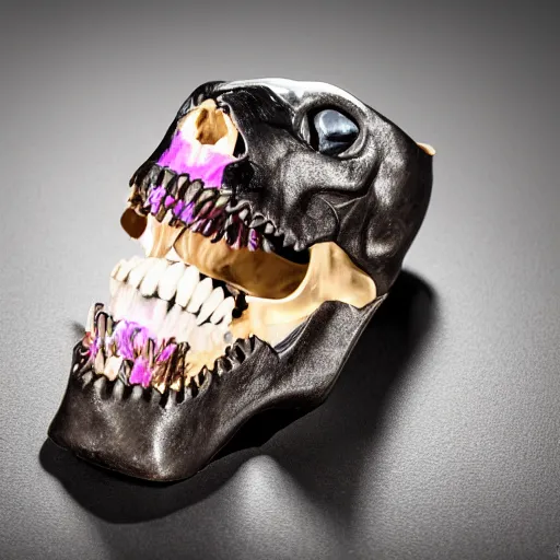 Prompt: opened mouth panther skull with gold teeth and raw gems and crystal inlaid panther skull, exposed in museum, matte black, rose gold, amethyst, high coloration, ambient lightning, focused, highly detailed, 8 k