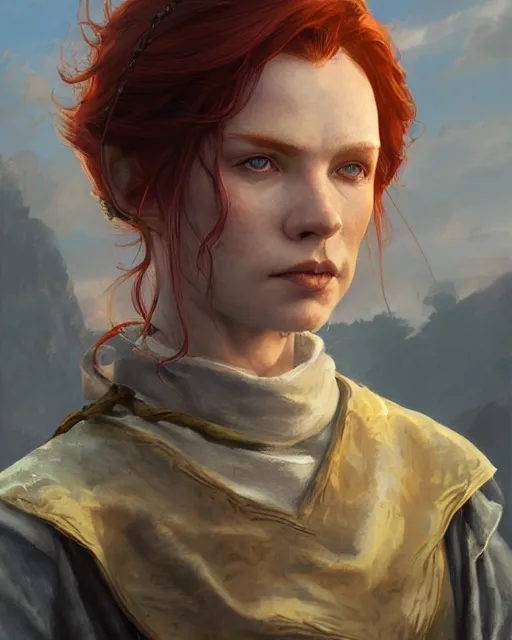 Image similar to the elder scrolls vi, charismatic rugged female redhead breton mage portrait, illustration, rim light, top light, perfectly shaded, golden hour, epic, intricate, soft painting, art by ross tran, krenz cushart and wenjun lin