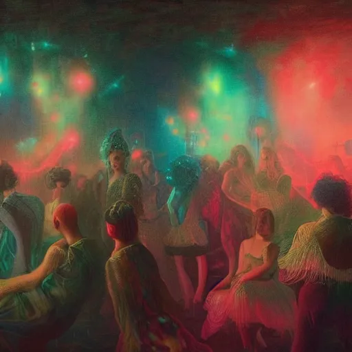 Prompt: young people in a fancy vintage nightclub dancing and drinking, partylights, great colors, by agostino arrivabene, trending on artstation