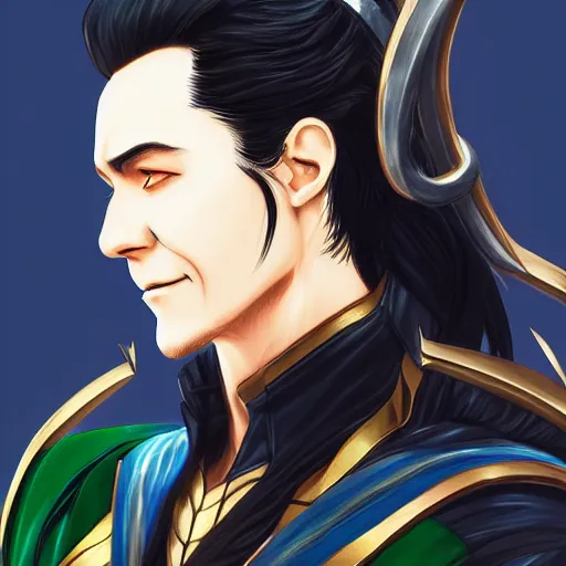 Image similar to Loki portrait, male anime style, illustrated by Avetetsuya Studios, intricate, detailed, photorealistic, trending on artstation, studio lighting, 4k, 8k