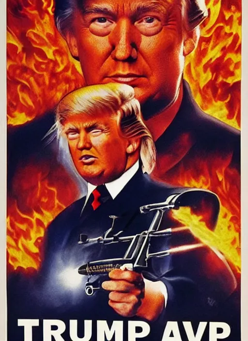 Image similar to an 8 0's john alvin action movie poster of donald trump starring in trumpster fire. explosions.