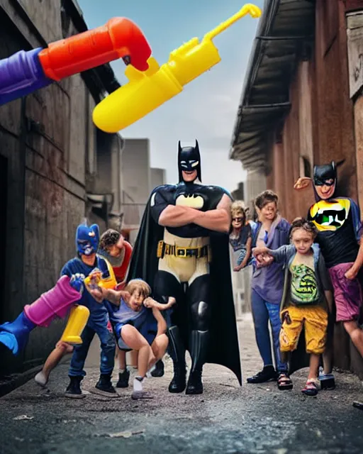 Image similar to happy batman firing super soaker water gun in an alleyway with a group of children having fun, toy product advertisement, photography