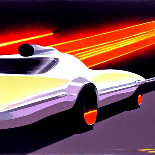 Image similar to concept art for a car with flame throwers, painted by syd mead, high quality