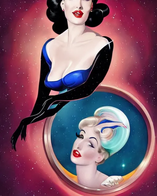 Image similar to retrofuturistic pinup model dita von teese as a varga girl posing on a space ship, in the style of anna dittmann and and alberto vargas.