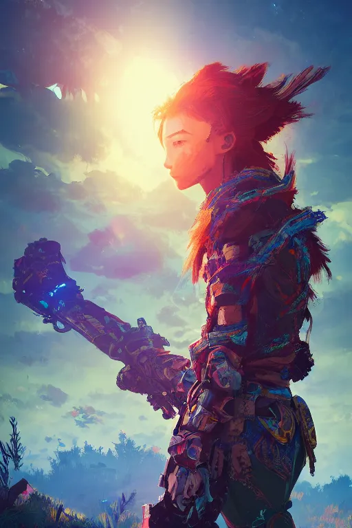 Image similar to combination suit armor aloy horizon forbidden west horizon zero dawn radiating a glowing aura global illumination ray tracing hdr fanart arstation by ian pesty and alena aenami artworks in 4 k tribal robot ninja mask helmet backpack