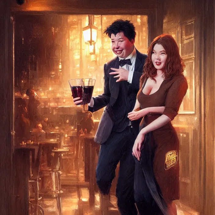 Prompt: portrait of michael mcintyre leaving a bar holding a singing waitress, elegant, real life skin, intricate artwork, high detailed, artstation, concept art, smooth, sharp focus, art by artgerm and greg rutkowski