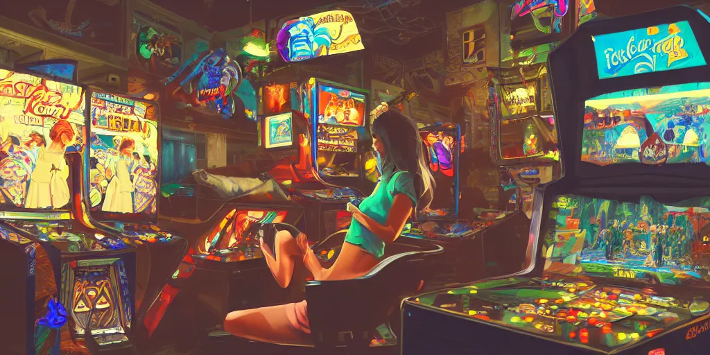 Prompt: an environmental concept art of a stylish woman playing an arcade machine in a cluttered arcade, highly detailed, environmental light, cinematic by francis tneh