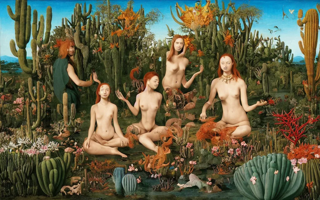 Image similar to a portrait photograph of a meditating mermaid shaman and a centaur monk feeding tropical animals at a wide river delta. surrounded by bulbous flowers, elephants, trees and cacti. mountain range under a vast blue sky of burning stars. painted by jan van eyck, max ernst, ernst haeckel and artgerm, cgsociety, artstation, fashion editorial