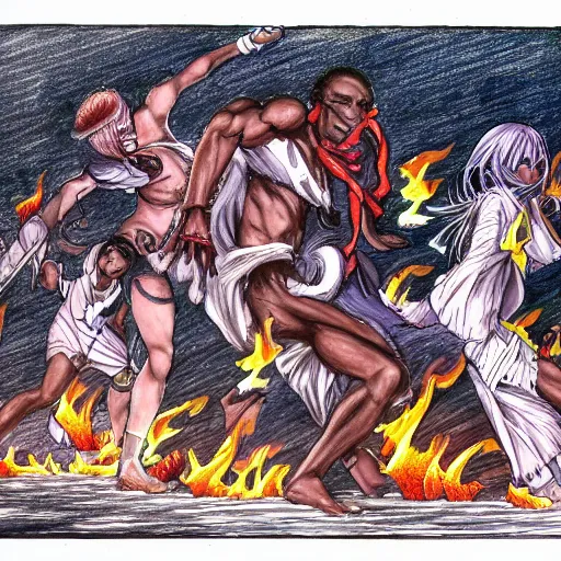 Prompt: anime drawing of Caribbean folklore characters in multiple poses attacking someone from behind and flames