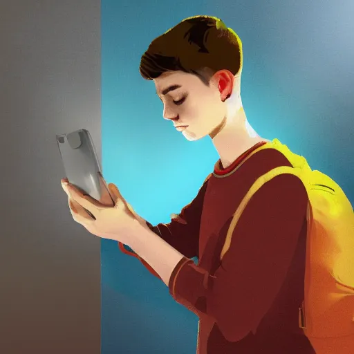 Image similar to a male teenager praying for a divine smartphone in front of him, digital art