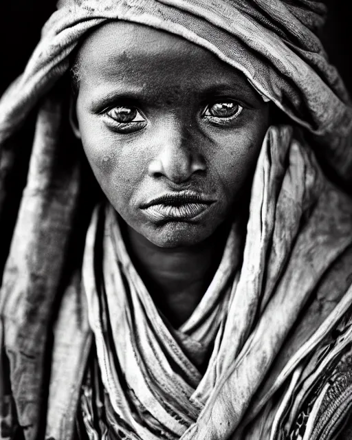 Prompt: Award winning Portrait photo of a Native Female Mauritanians with hyper-detailed eyes wearing traditional garb by Lee Jeffries, 85mm ND 5, perfect lighting, gelatin silver process