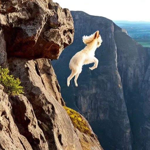 Prompt: a hairy dog jumping from a cliff with a parachute