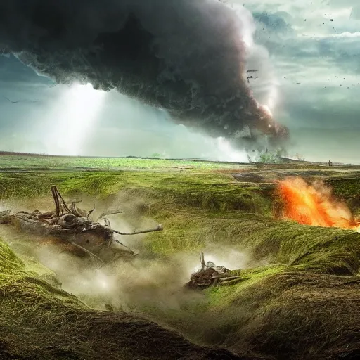 Image similar to natural looking fight landscape of ww 1 deep trenches with fortifications, crabs fighting with elephants, green gas spreading across land, futuristic tank is on fire, ground explosion in the background, alien mothership in the sky, hyper realistic, highly detailed, dramatic lighting, raytarced, god rays, 4 k, 8 k, matte painting