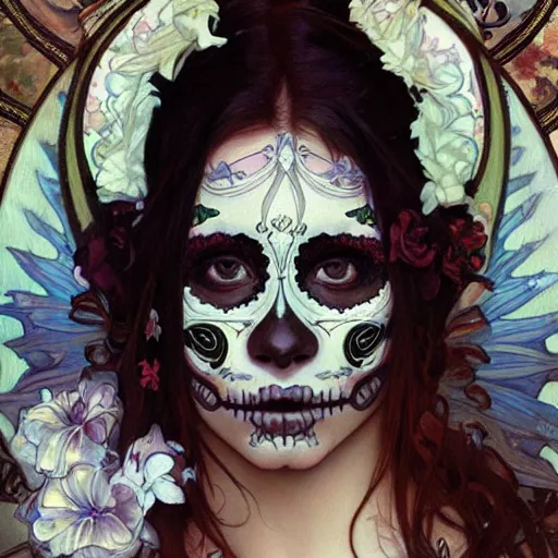 Prompt: realistic detailed painting of a cute Día de los Muertos girl by Alphonse Mucha HR Giger Ayami Kojima Amano Charlie Bowater, masterpiece
