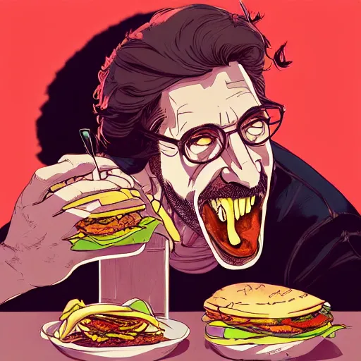 Prompt: a study of cell shaded portrait of Al Pacino eating burgers, llustration, post grunge, concept art by josan gonzales and wlop, by james jean, Victo ngai, David Rubín, Mike Mignola, Laurie Greasley, highly detailed, sharp focus, alien, Trending on Artstation, HQ, deviantart, art by artgem