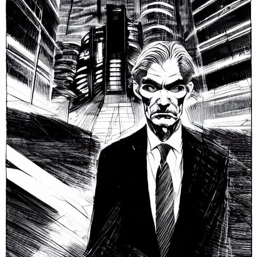 Image similar to Jerome Powell looking sinister, by Tsutomu Nihei, highly detailed