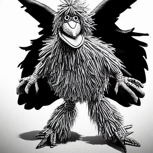 Prompt: big bird from sesame street, style of kentaro miura!!!!, black and white, undead