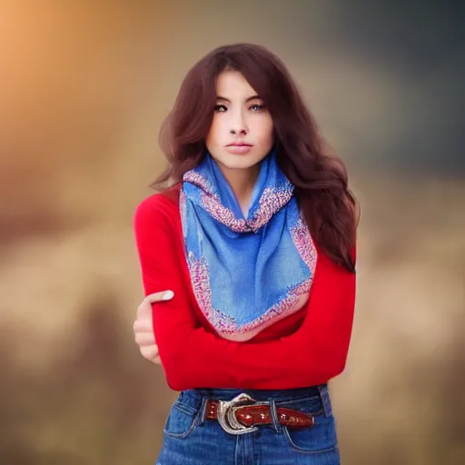 Image similar to beautiful woman wearing a red blouse, blue jeans, scarf. hyperrealistic