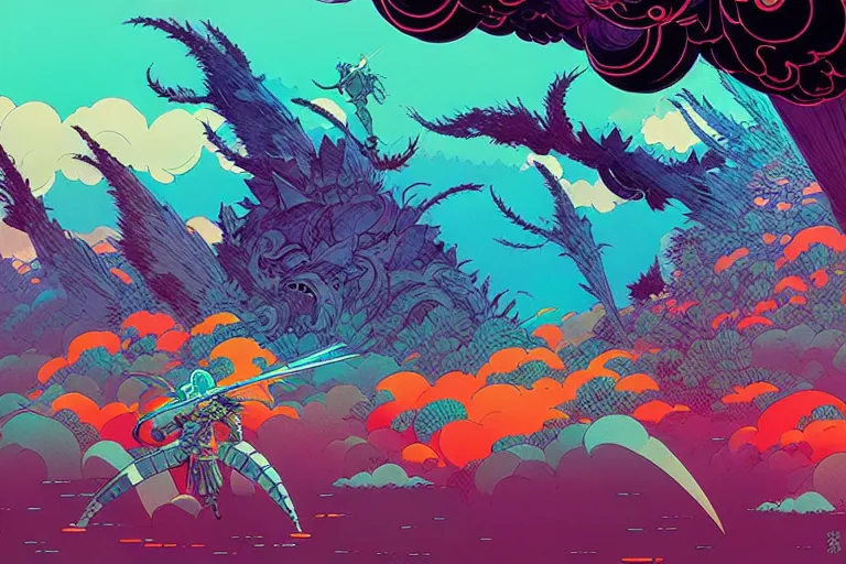 Image similar to fantasy battlefield, retro fantasy style, victo ngai, moebius, studio ghibli, triadic color scheme