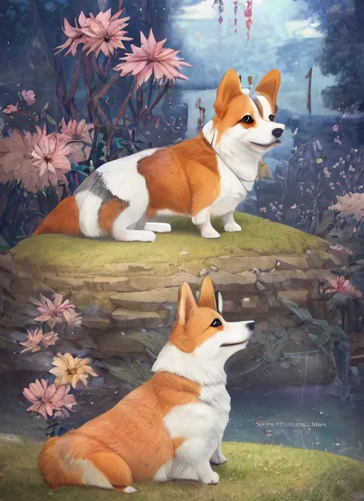 Image similar to beautiful fantasy anime painting of summer chill day with corgi, by Kenne Gregoire, James Jean, Tran Nguyen, WLOP, Jakub Rebelka. trending on Artstation, 8k, masterpiece, chill summer, graffiti paint, fine detail, full of color, intricate detail, golden ratio illustration