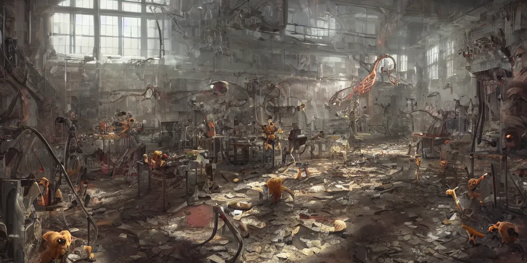 Image similar to Inside of an abandoned toy factory with running furry human-sized scary toys, dramatic, interior, artstation, horror game, digital art made by Stanley Artgerm Lau, WLOP, Rossdraws, James Jean, Andrei Riabovitchev, Marc Simonetti, Yoshitaka Amano, ArtStation, CGSociety