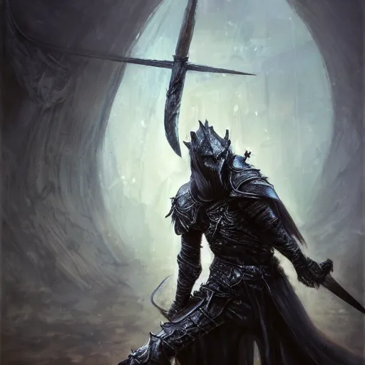 Prompt: messi crouching down holding a sword over his head by daniel gerhartz, artorias, abysswalker, dark souls, featured on deviantart, fantasy art, concept art, 2 d game art, official art