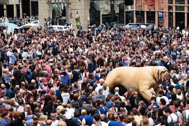 Image similar to a crowd of people surrounding a giant bulldog and the bulldog is five times larger then the people