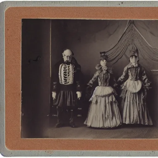 Prompt: Cabinet card photograph of monsters dressed in Victorian clothing, hyperrealistic, beautiful hyperdetailed, depth of field, High definition, 8k, octane rend