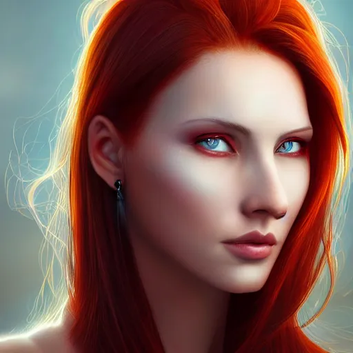 Image similar to perfectly - centered close - up portrait - photograph of red - haired goddess with glowing - red - eyes, the perfect human female specimen, with a fiery aura, intricate, elegant, super highly detailed, professional digital painting, artstation, concept art, smooth, sharp focus, no blur, no dof, extreme illustration, unreal engine 5, 8 k, by anne stokes