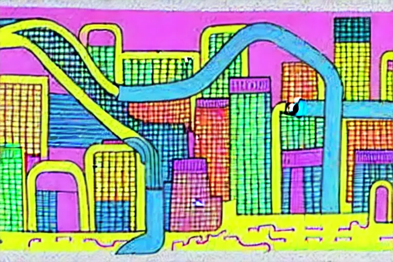 Image similar to an elaborate penned child illustration of a colorful intricate connected city of tubes and pipes, by martin handford and by jan van haasteren