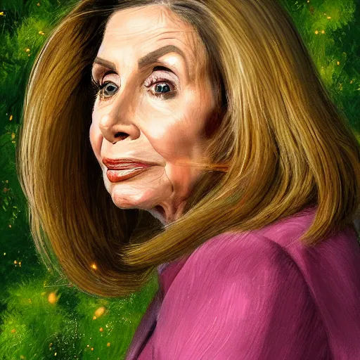 Prompt: a highly detailed, hyper realistic, gorgeous portrait with torso of nancy pelosi, among wonderful golden fireflies, long hair, green eyes, hint of freckles, round gentle face, cheeky smile, seen from behind, she looks behind her shoulders, deep focus, elegant, digital painting, smooth, sharp, golden ratio, illustration, art by artgerm and caravaggio