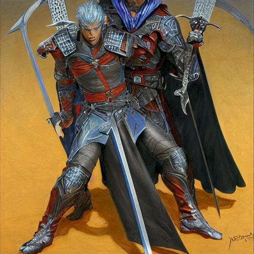 Image similar to Dante and Vergil clashing swords, art by Donato Giancola and James Gurney, digital art, trending on artstation