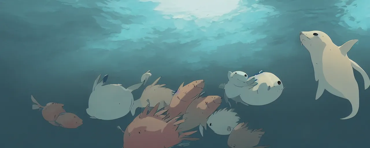 Image similar to piranhas attacking a baby harp seal in a tropical river, blood in the water, atey ghailan, goro fujita, studio ghibli, rim light, dark lighting, clear focus, very coherent