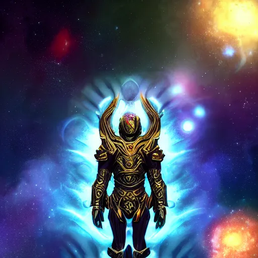 Image similar to photorealistic fantasy cosmic concept art of a cosmic god with armor made out of planets and dark matter, hovering in a unknown galaxy, fully body portrait, cinematic, dynamic lighting, ultra detailed, creative, trending on art station, creative