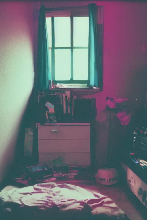 Image similar to agfa vista 4 0 0 photograph of a cluttered 9 0 s teenagers goth punk rock bedroom, synth vibe, vaporwave colors, lens flare, moody lighting, moody vibe, telephoto, 9 0 s vibe, blurry background, grain, tranquil, calm, faded!,