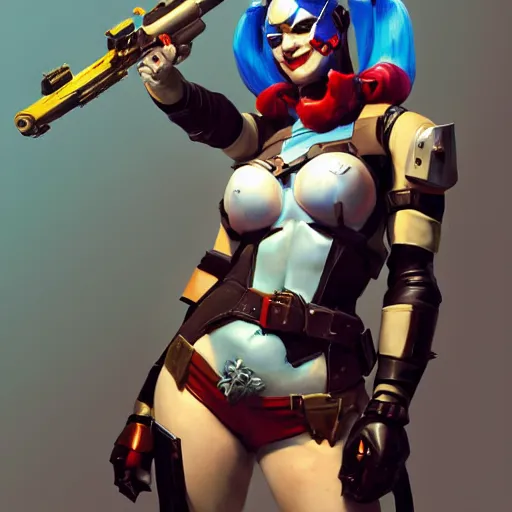 Image similar to greg manchess portrait painting of armored harley quinn as overwatch character, medium shot, asymmetrical, profile picture, organic painting, sunny day, matte painting, bold shapes, hard edges, street art, trending on artstation, by huang guangjian and gil elvgren and sachin teng