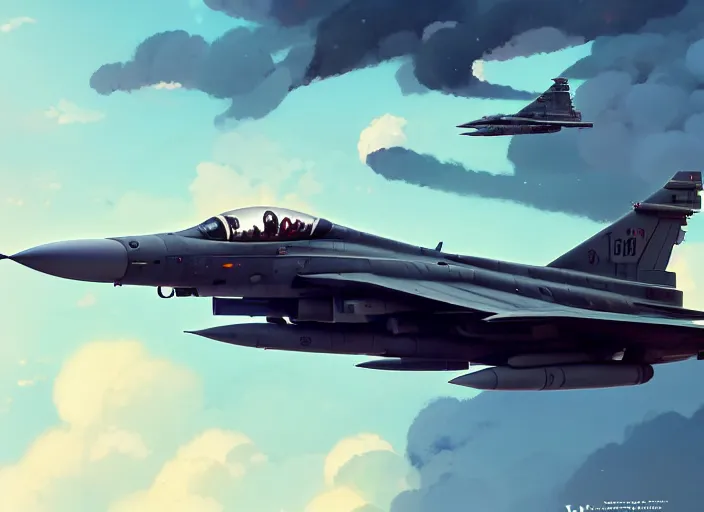 Image similar to portrait of figther jet evading, smoky sky background, lush landscape, illustration concept art anime key visual trending pixiv fanbox by wlop and greg rutkowski and makoto shinkai and studio ghibli and kyoto animation, us airforce, f 1 6, harrier, panavia tornado, symmetrical