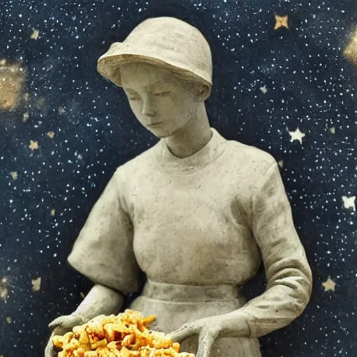 Image similar to A beautiful sculpture featuring a night sky filled with stars, and a small town in the distance. The sculpture is very peaceful and calming mac and cheese by Jules Bastien-Lepage ordered, desaturated