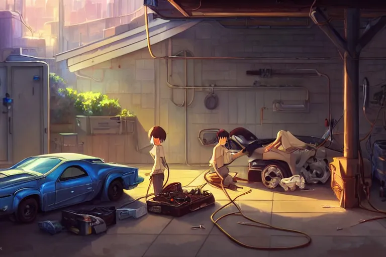 Image similar to rats fixing cars in the garage, key visual, a fantasy digital painting by makoto shinkai and james gurney, trending on artstation, highly detailed