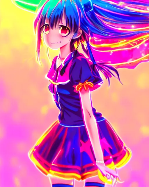 Image similar to anime style, vivid, expressive, full body, 4 k, painting, a cute magical girl idol with a long wavy colorful hair wearing a colorful dress, correct proportions, stunning, realistic light and shadow effects, neon lights, studio ghibly makoto shinkai yuji yamaguchi